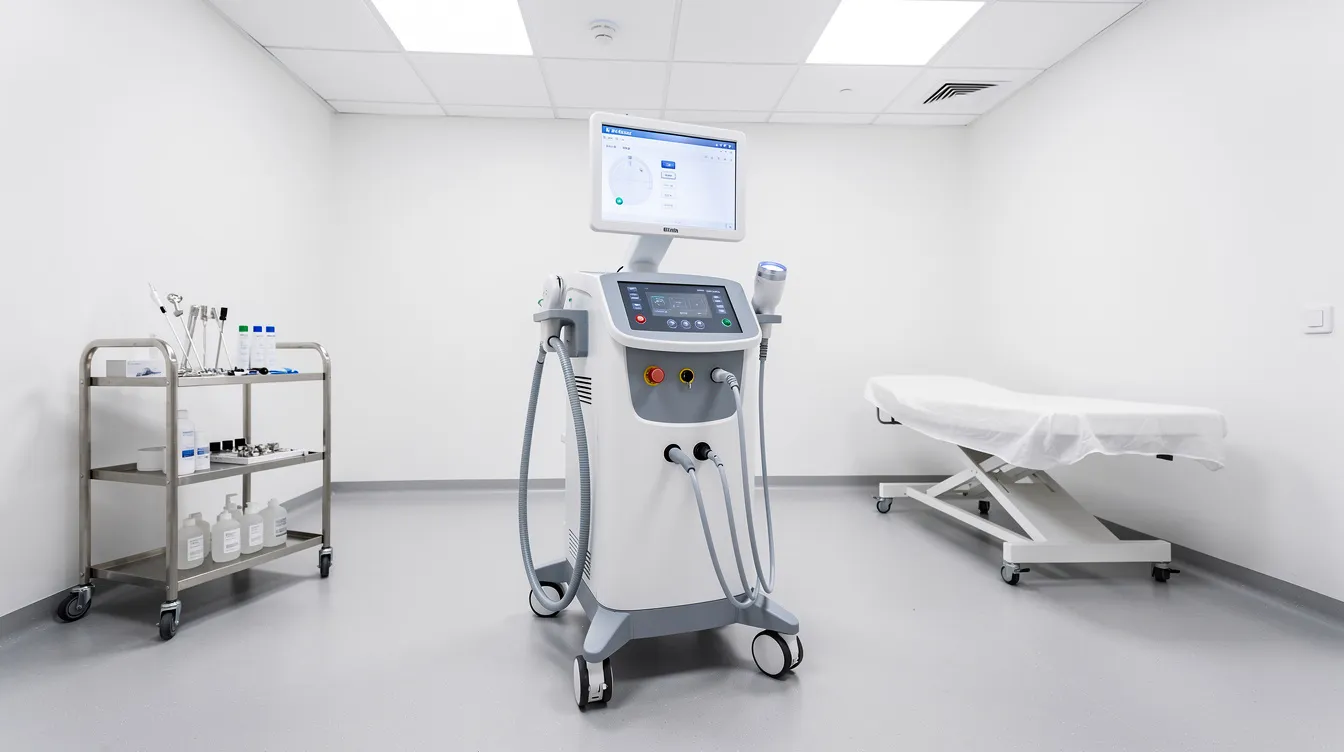 The image features professional medical laser equipment set up in a clean clinical environment, ideal for laser hair removal treatments. The equipment is designed to target hair follicles effectively, ensuring a hygienic and safe space for patients undergoing procedures to remove unwanted hair.