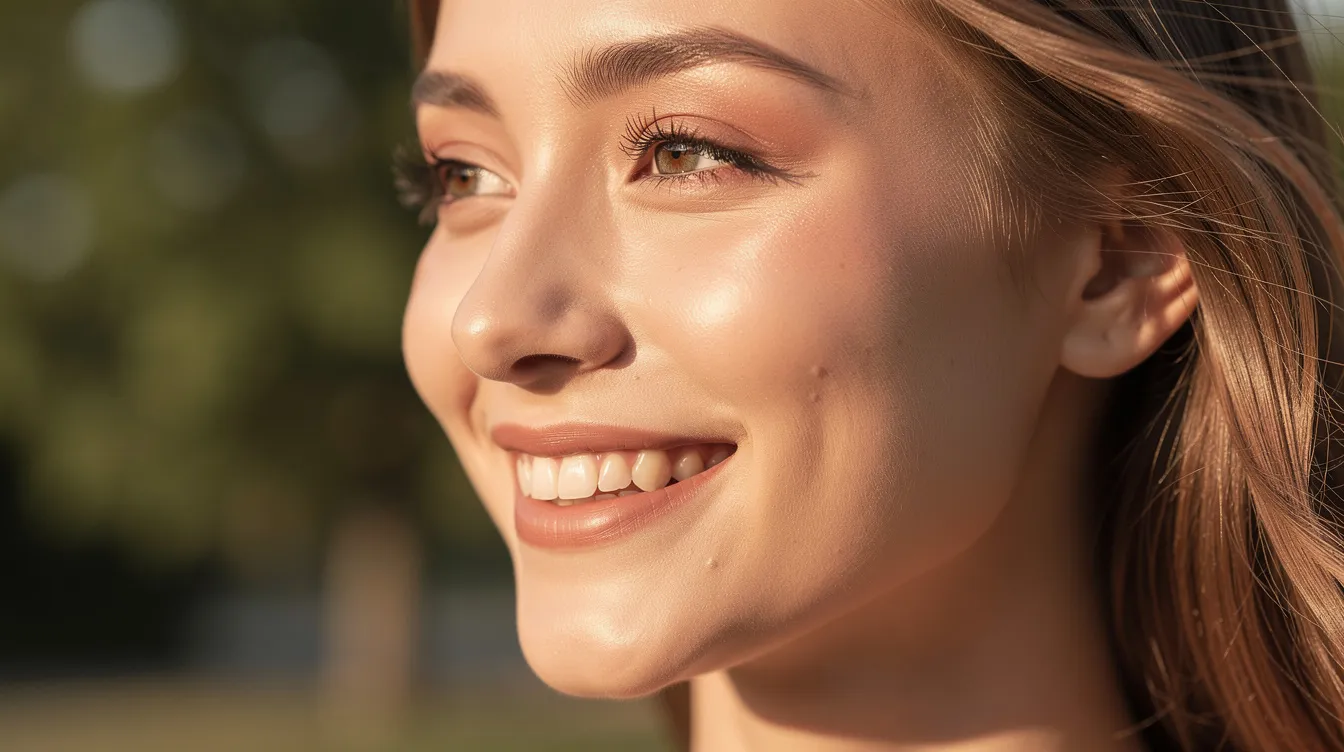 A woman is smiling outdoors, showcasing her clear and radiant skin, which reflects optimal skin health. The image highlights her glowing complexion, suggesting the benefits of treatments like hydrafacial for addressing specific skin concerns and achieving smoother-looking skin.