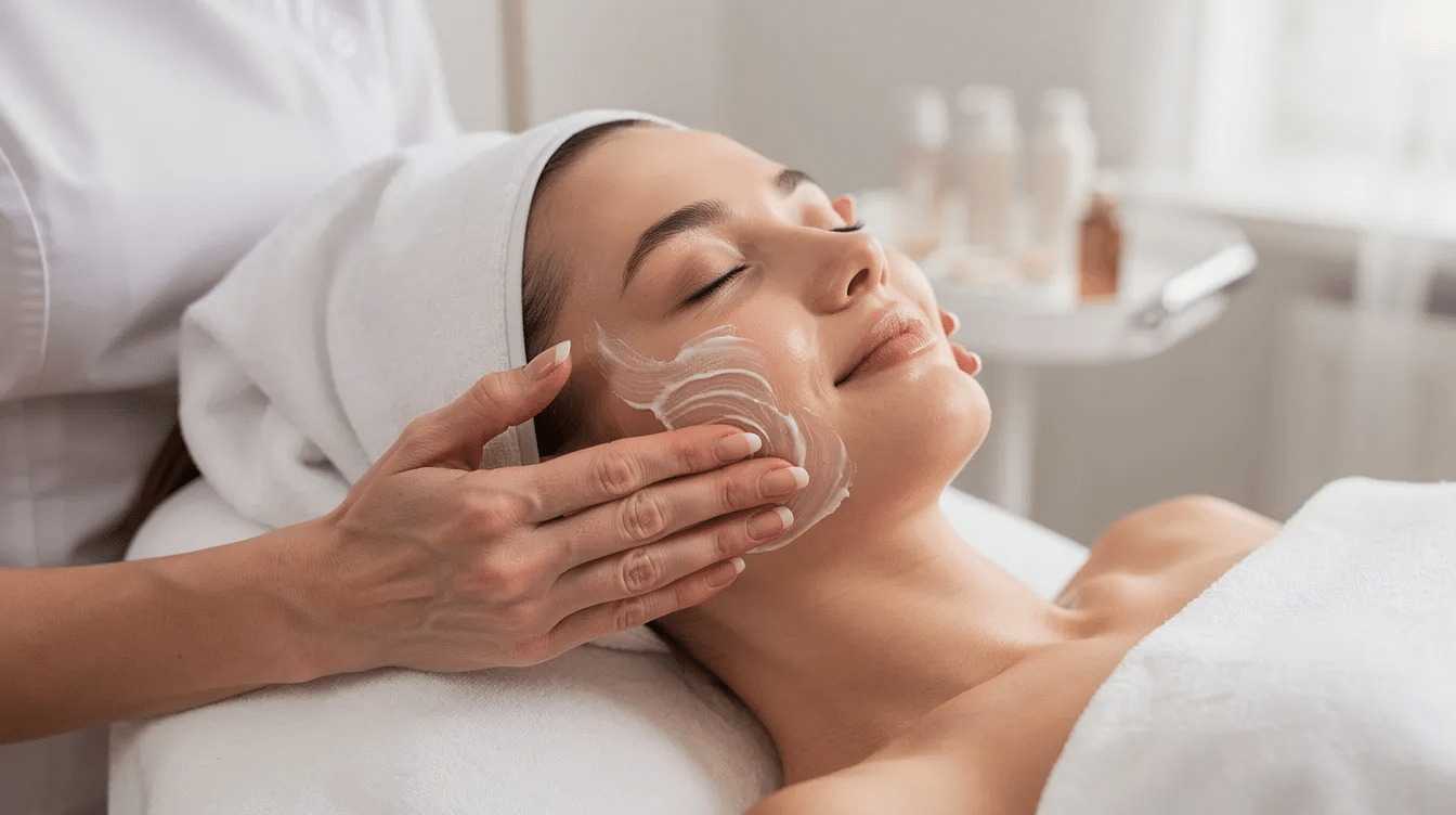 A close-up image shows a woman receiving a hydrafacial treatment in a serene and clean environment, highlighting the gentle exfoliation process aimed at removing dead skin cells and addressing specific skin concerns. The treatment promotes radiant skin and optimal skin health, offering visible skin refinement and a youthful glow.