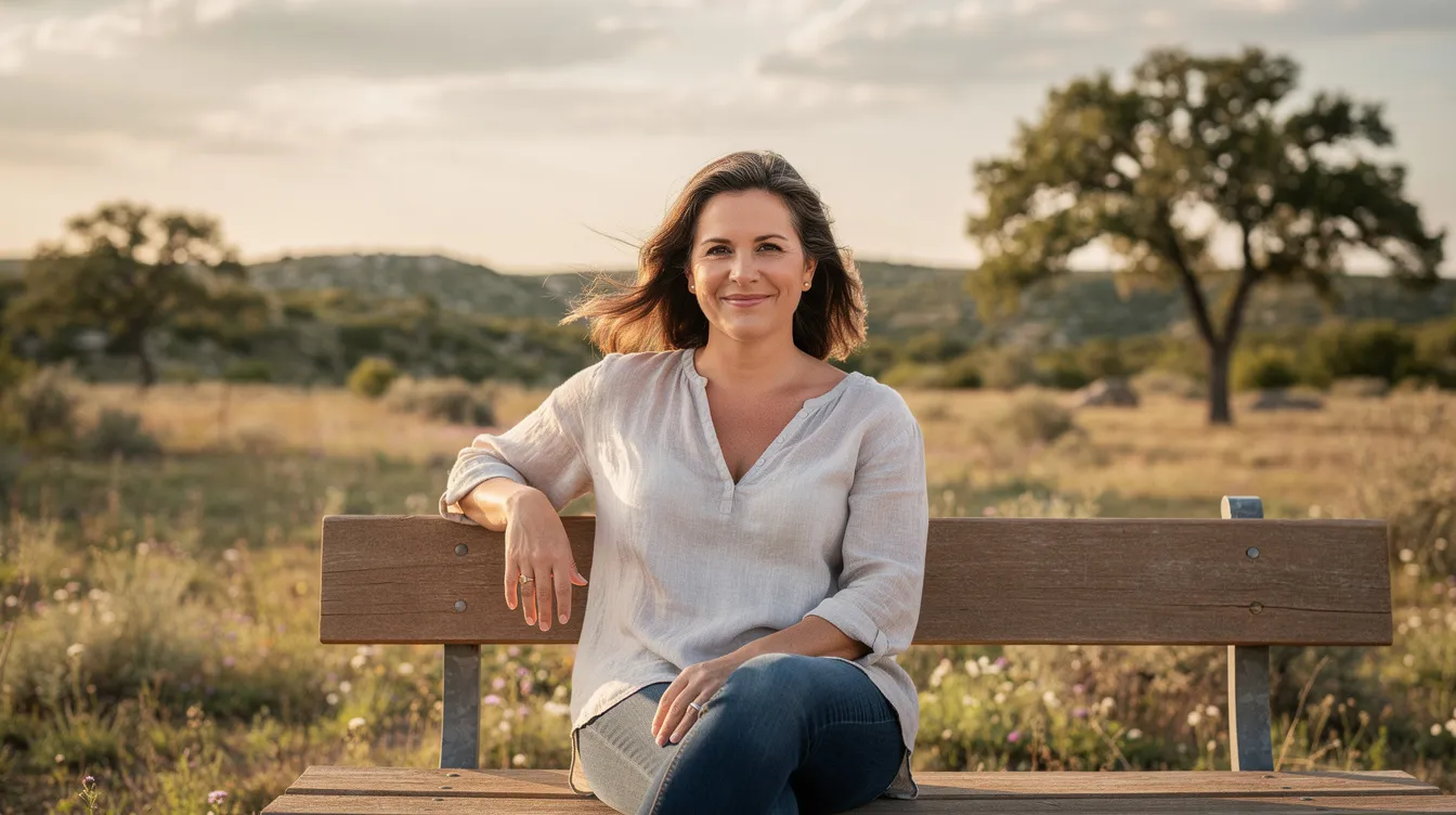 Natural Facial Rejuvenation in Dallas & Gainesville, TX 3 A woman in her 40s sits outdoors in a serene Texas landscape, exuding a relaxed and refreshed demeanor, showcasing her glowing skin and youthful appearance. Her facial features appear smooth and revitalized, suggesting the benefits of treatments that enhance collagen production and minimize fine lines.